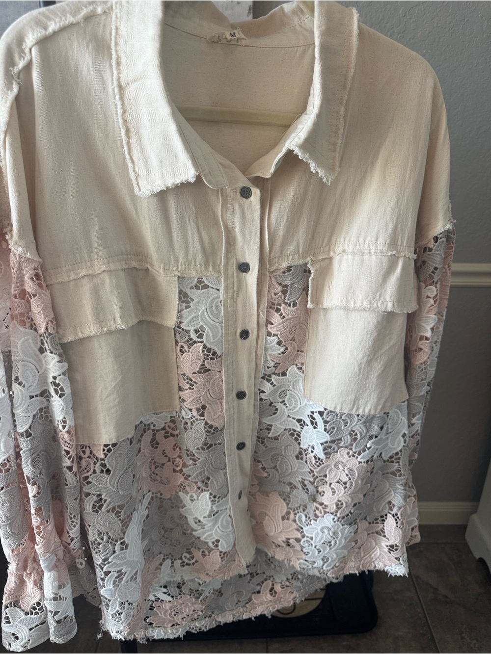 POL Cream and Blush Lace-Panel Button Down Shirt